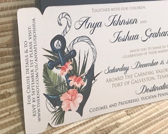 Boarding Pass Save the Date. Destination Wedding Invitation.  Floral Nautical Cruise Design boarding pass.