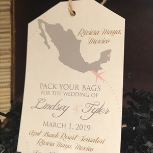 Destination Wedding Invitation. Save the Date Luggage Tag. Mexico save the date with blush and silver. Magnet luggage tag save the date. image 3