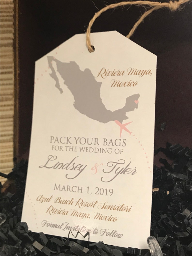 Destination Wedding Invitation. Save the Date Luggage Tag. Mexico save the date with blush and silver. Magnet luggage tag save the date. image 3