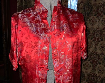 Vintage Satin Red Women’s Blouse ORIENTAL Style Peony Brand Frog Closures Embroidered Top Silk