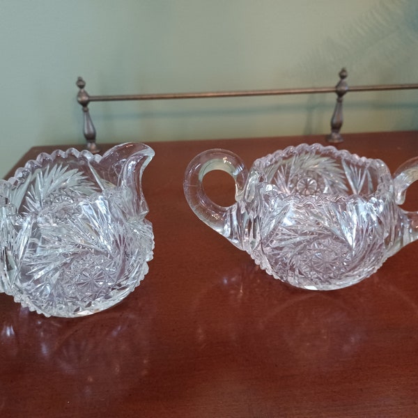 Antique Cream and Sugar Brilliant Lead Crystal Cut Glass Set Saw Tooth Edge Collectible Gift 1940s Heavy Wedding Decor Gift Anniversary