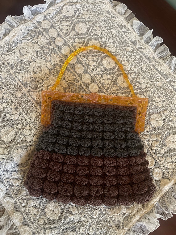 Vintage Popcorn Puff Purse Celluloid Closure Brown