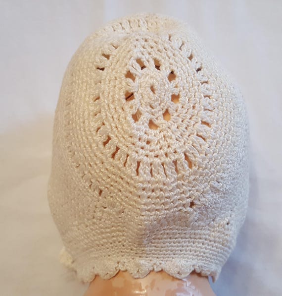 Vintage Crocheted Baby Bonnet Ivory Off White Han… - image 1