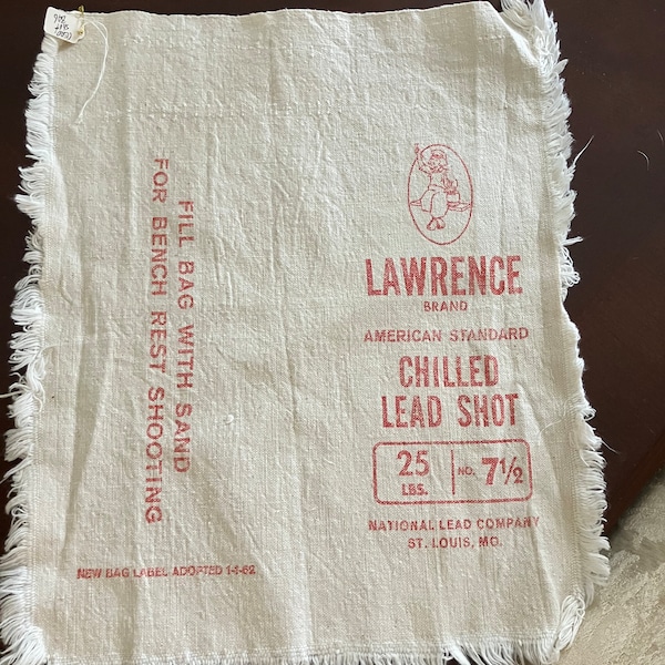 Antique Canvas Lawrence Brand Chilled Lead Shot 25 lbs National Lead Company Fabric Decor Repurpose Reuse Frame Shelf Decor