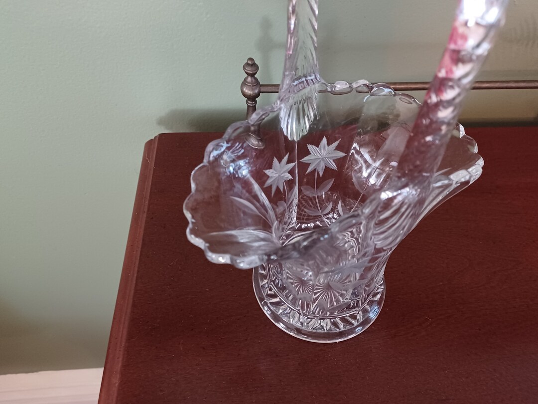 Antique Brides Basket Collectible Clear Glass Handled Basket Etched Star Pattern Table Decor