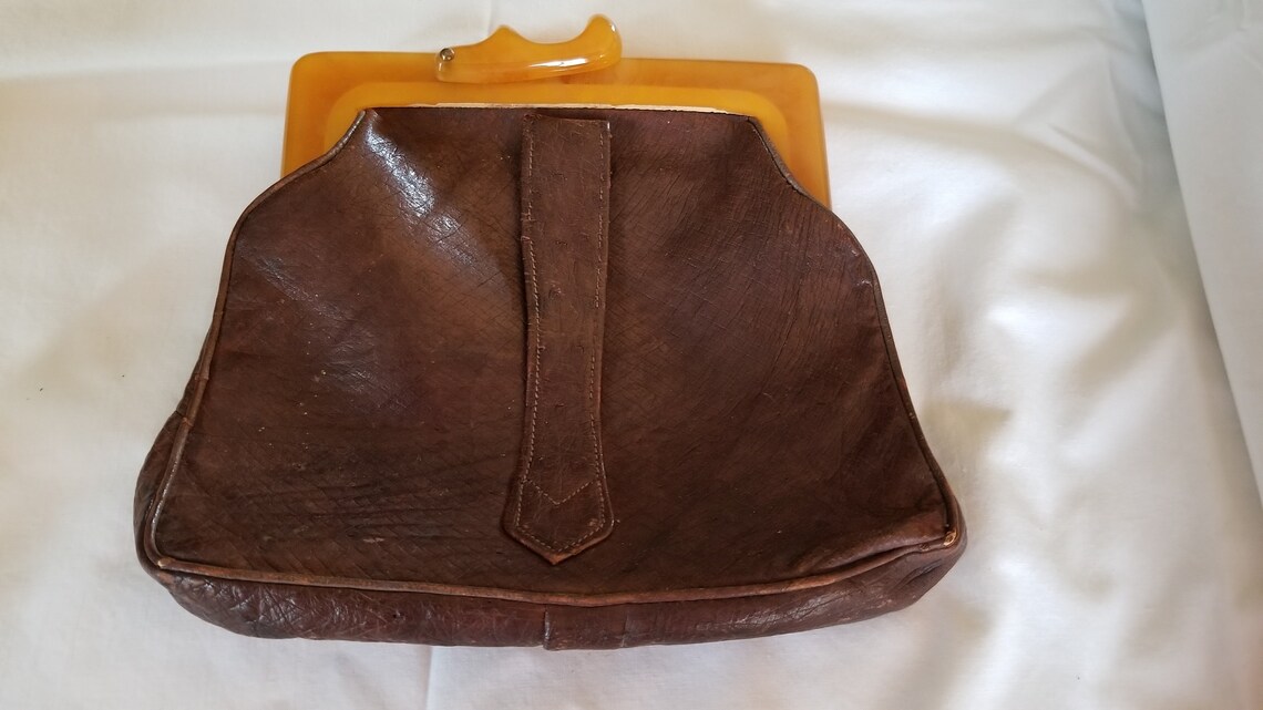 Vintage Brown Leather Bakelite Lucite Handle Clutch Purse Etsy