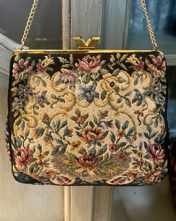 Vintage Tapestry Handbag Purse Black Background F… - image 1