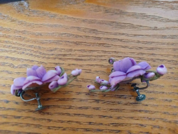 Gorgeous Vintage Purple Flower Screw Back Earring… - image 2