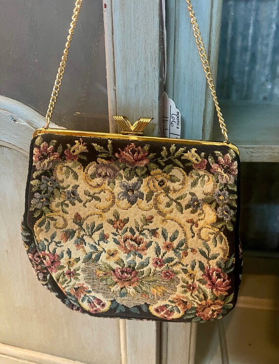 Vintage Tapestry Handbag Purse Black Background F… - image 2
