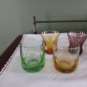 Vintage Shot Glasses Cordial Glasses  Hand Blown Colorful Weighted Bottom Shot Glasses Cordial Glasses Two Pair Yellow Purple Green