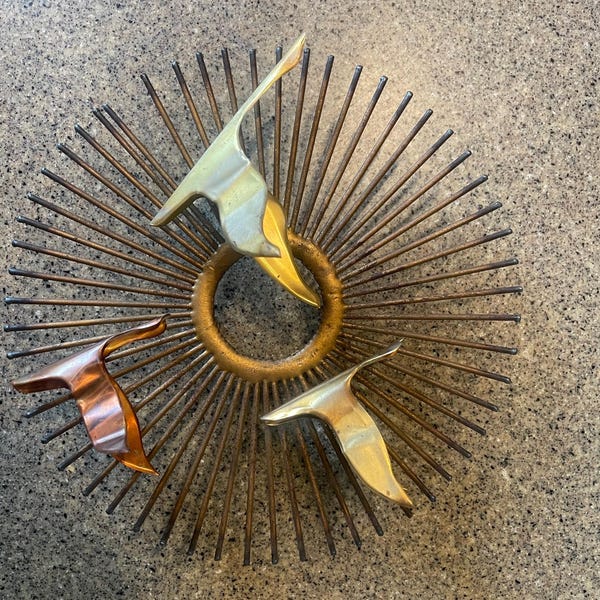 Vintage MCM Brass and Copper Bird Wall Decor by Curtis Jere Unsigned Dimensional Round