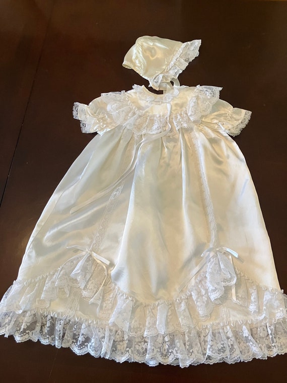 Vintage Satin and White Lace Infant Gown Dress Chr
