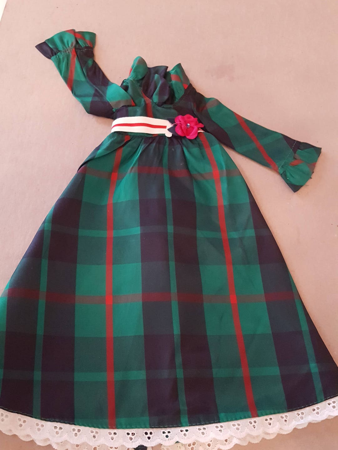 Vintage Satin Green Plaid Doll Dress Hand Made Long Sleeves 10 Inch