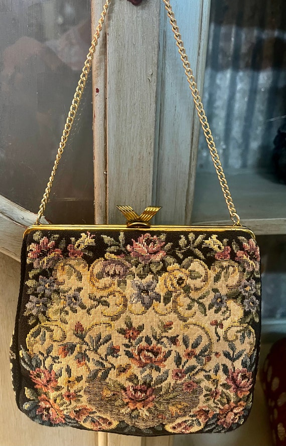 Vintage Tapestry Handbag Purse Black Background F… - image 5