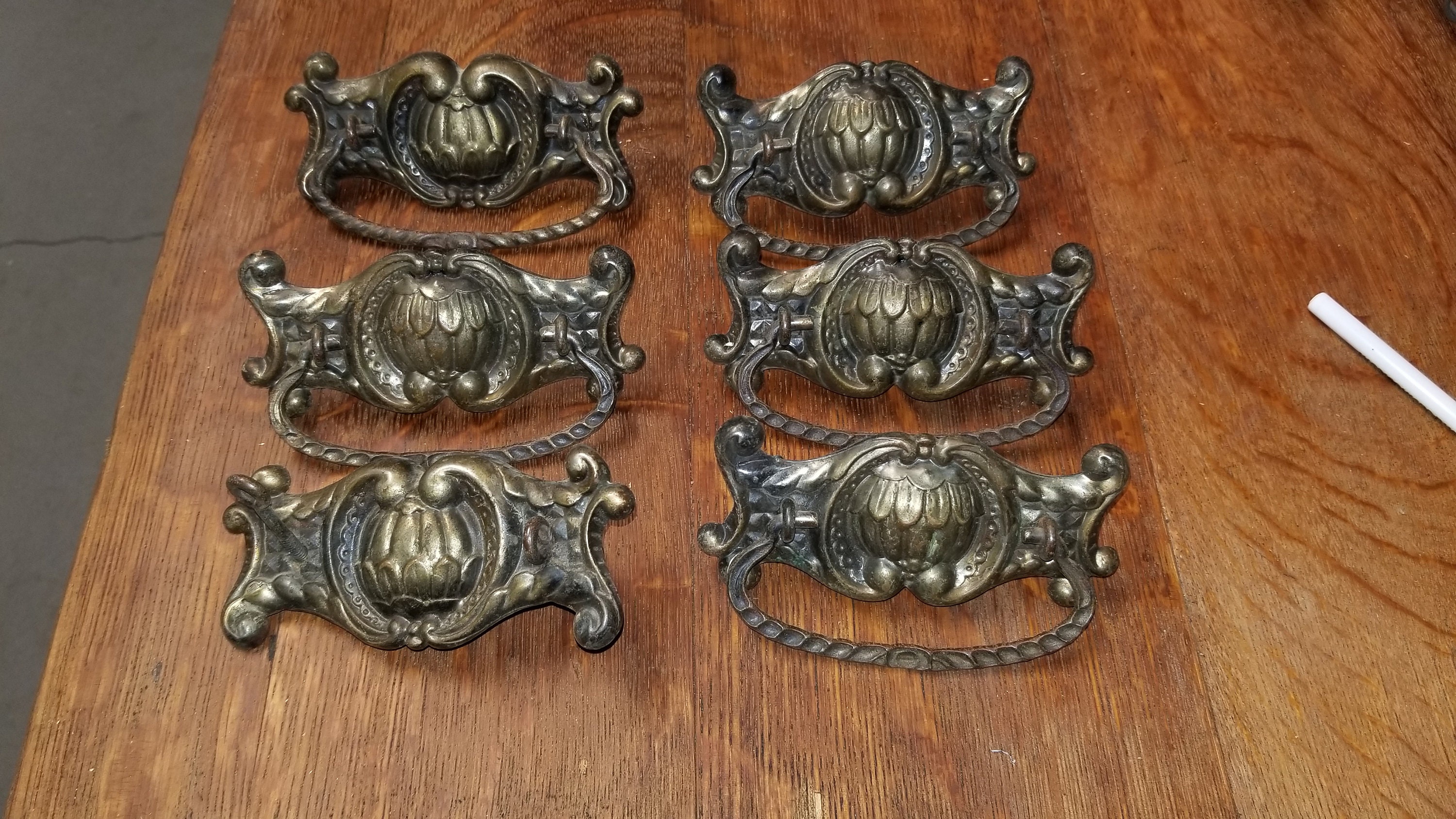Antique Brass Metal Fancy Drawer Handles Victorian Set Of Six Etsy