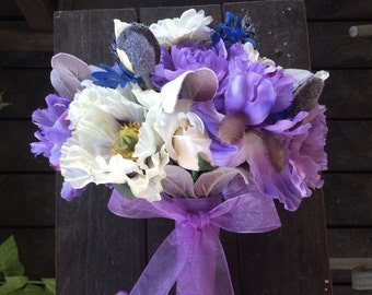 Quick Ship - Lavender Carnation, Iris, and Soft Lamb's Ear with Cream Poppies Bridal Bouquet