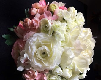 Quick Ship - Cascading Bride's Bouquet in Pink and White Ombré Roses, Peony, and Ranunculus