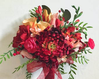 Quick Ship - Organic Shaped Hand Tied Silk Bouquet with Red Roses, Giant Mums, Pink Rosebuds and Ranunculus, and Peach Calla Lilies