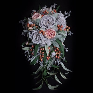 Quick Ship - Cascading Bride&#39;s Bouquet with Soft Lavender Garden Roses, Pink Cabbage Roses, Hypericum Berries, Lamb&#39;s Ear and Long Foliage