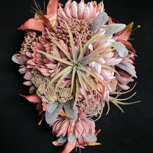 Quick Ship - Cascading Bride&#39;s Bouquet with Rose Gold Tiger Lilies, Succulents, Pink Chrysanthemums, and Silvery Mauve Lamb’s Ear