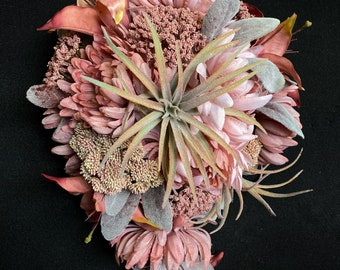 Quick Ship - Cascading Bride's Bouquet with Rose Gold Tiger Lilies, Succulents, Pink Chrysanthemums, and Silvery Mauve Lamb’s Ear