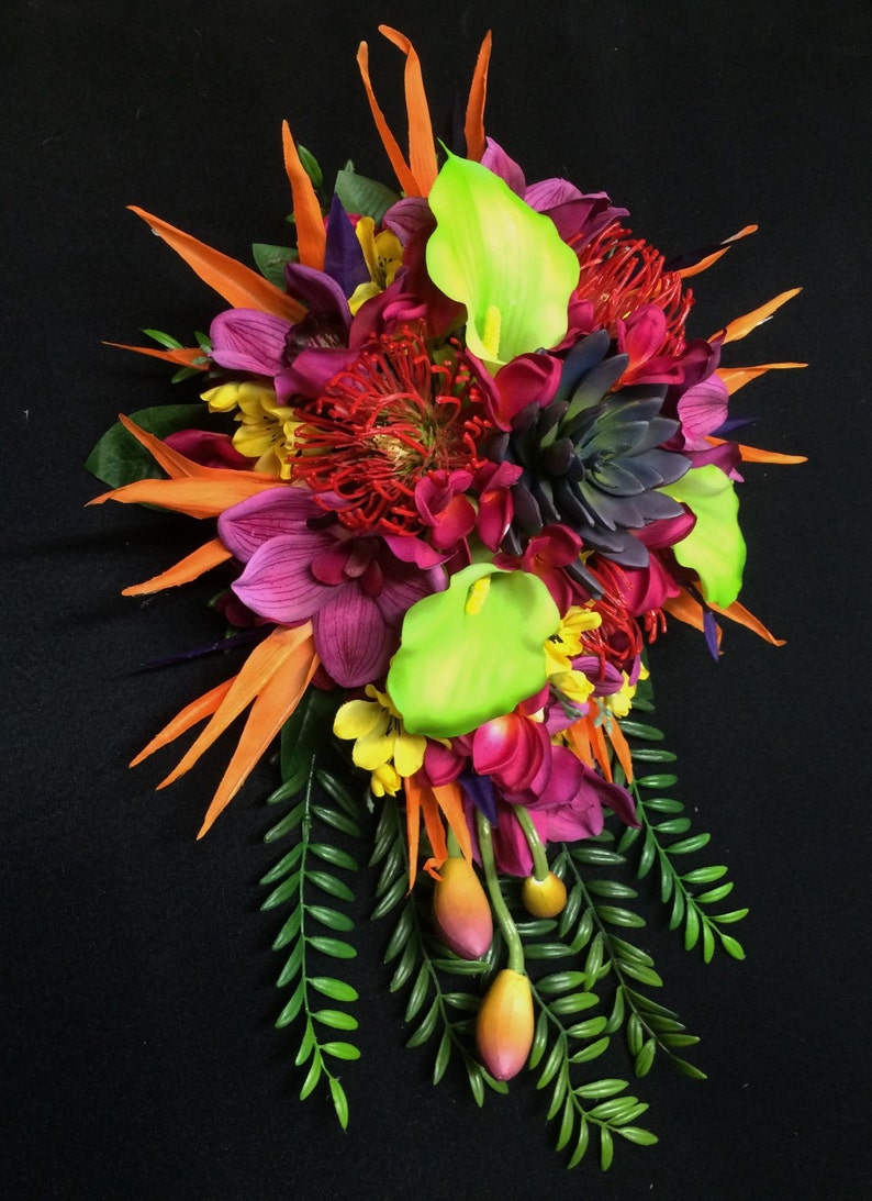 Colorful Tropical Cascading Bride Bouquet with Birds of Etsy