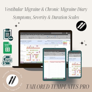 Pode incluir: Uma imagem digital que mostra um laptop, um tablet e um smartphone exibindo um modelo de diário de enxaqueca. O modelo é um calendário com quadrados coloridos para rastrear os sintomas, a gravidade e a duração das enxaquecas. A imagem também inclui texto que diz "Vestibular Migraine & Chronic Migraine Diary Symptoms, Severity & Duration Scales" e "Tailored Templates Pro".