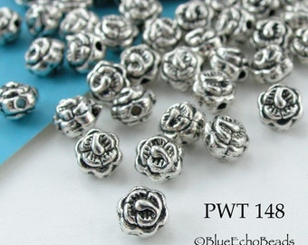 35 pcs - 4mm Mini Rose Flower Pewter Beads, Silver Tone,  Round, Hole .9mm (PWT 148) BlueEchoBeads