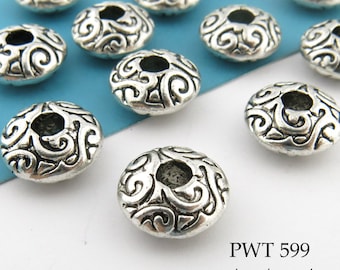 8 pcs - 13mm Pewter Spacer Beads, Saucer, Rondelle with Curls, Silver Tone, 3.5mm Hole (PWT 599)  BlueEchoBeads