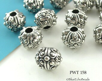 6 pcs - 11mm Detailed Pewter Beads, Bali Style, Silver Tone, 3mm Hole (PWT 158) BlueEchoBeads