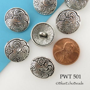 6 pcs 5/8 Floral Swirl Pewter Button, 17mm Shank Button, Silver Tone PWT 501 Blue Echo Beads image 4