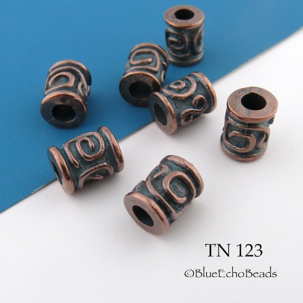 4 pcs - 10mm Antiqued Copper Tube Spacer Beads, Mykonos Beads, Spiral, Greek Key Design (TN 123) BlueEchoBeads