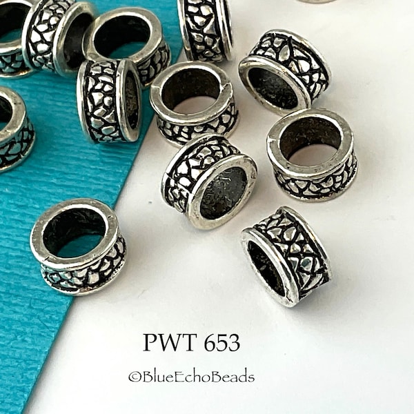 8 pcs - Large Hole Beads, Pewter Ring with Crackle Pattern, Silver Tone, 8mm x 4mm Bead, 5mm Hole (PWT 653) BlueEchoBeads