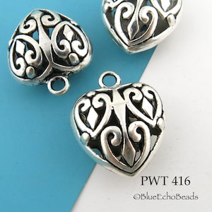 2 pcs - Large Filigree Heart Charm, Hollow Heart, Pewter Charm, Silver Tone, 21mm (PWT 416) BlueEchoBeads