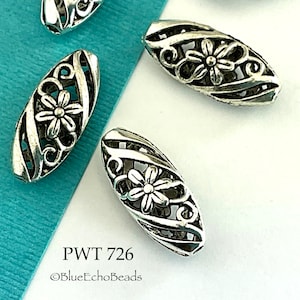 3 pcs - 23 x 10mm Hollow Oval Pewter Bead, 6mm Thick, Flowers (PWT 726) BlueEchoBead,