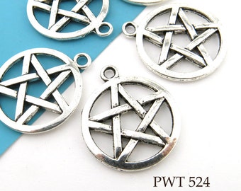 6 pcs - 25mm Pentagram Charm, Pentacle Charm, Wiccan Charm Pendant, Pewter, Silver Tone (PWT 524) BlueEchoBeads