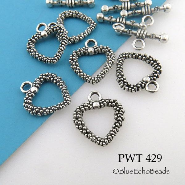 6 sets - 16mm Textured Pewter Heart Toggle , Heart Clasp, Silver Tone (PWT 429) BlueEcoBeads