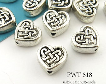 12 pcs - 9mm Pewter Celtic Heart Bead, Lead Safe, Silver Tone, 1mm Hole (PWT 618)  BlueEchoBeads