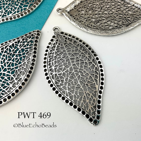 2 pcs - 67mm Large Pewter Leaf Charm, Leaf Pendant, Filigree Leaf, Silver Tone, Hole 2.3mm (PWT 469) BlueEchoBeads
