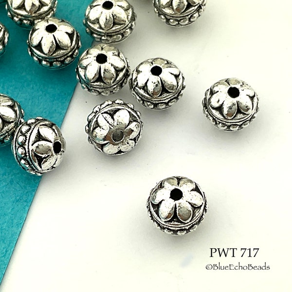 12 pcs - 7.5mm Pewter Beads, Small Flower Top, Silver Tone, 1.5mm Hole (PWT 717)  BlueEchoBeads