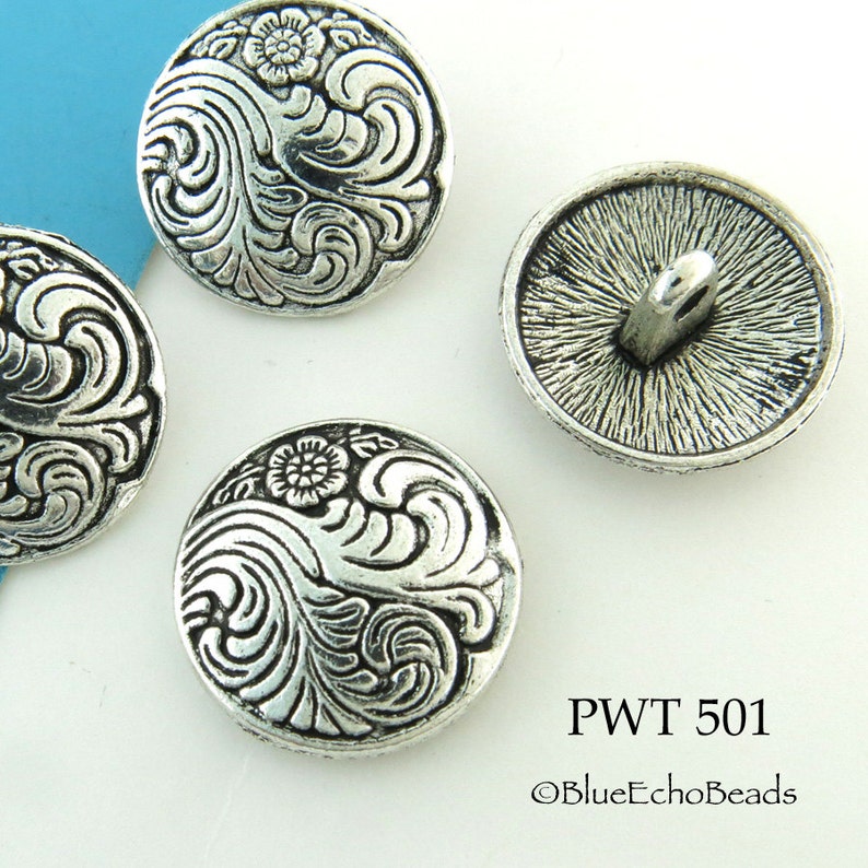 6 pcs 5/8 Floral Swirl Pewter Button, 17mm Shank Button, Silver Tone PWT 501 Blue Echo Beads image 1