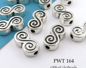 6 pcs - 15mm Thick Double Spiral Pewter Beads, Silver Tone, 2mm Hole (PWT 164) BlueEchoBeads