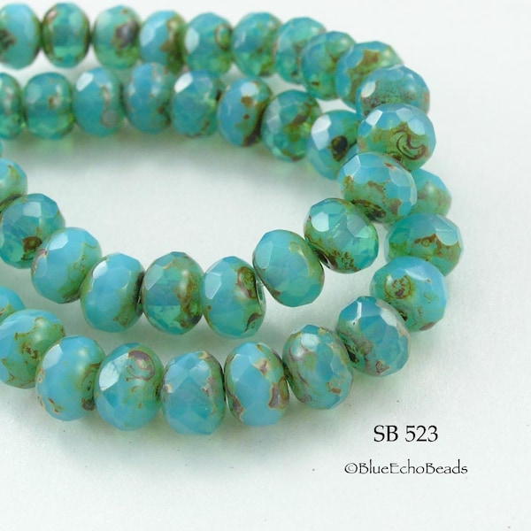 DESTASH / CLOSEOUT - 25 pcs - 5mm Picasso Rondelle Czech Glass Beads, Turquoise, Aegean Sea, .9mm Hole (SB 523) BlueEchoBeads