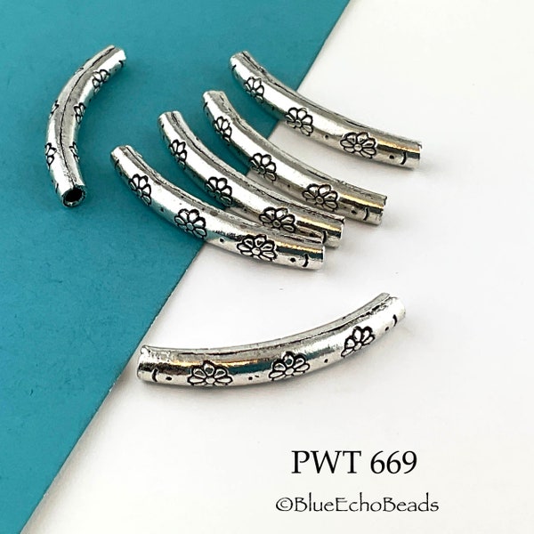 3 pcs - Curved Tube Pewter Bead, Noodle Bead, Floral Pattern, Silver Tone, 31 x 4mm, Hole 2mm (PWT 669) BlueEchoBeads