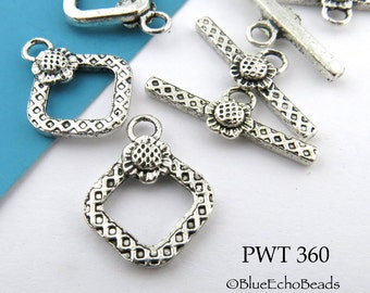 6 sets - 20mm Square Pewter Toggle Clasp with Sunflower, Silver Tone (PWT 360) BlueEchoBeads