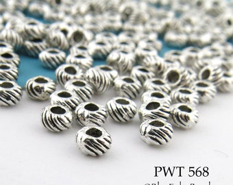 75 pcs - 3mm Mini Pewter Beads, Silver Tone, Tiny Saucer Spacer, Ribbed Beads, 1.5mm Hole (PWT 568) BlueEchoBeads