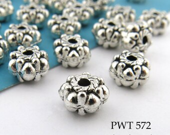 20 pcs - 7mm Pewter Spacer Rondelle Beads, Puffy Rondelle, Silver Tone, 1.5mm Hole (PWT 572) BlueEchoBeads