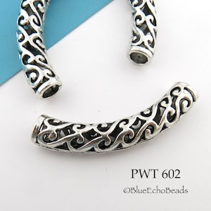 2 pcs - Large Curved Pewter Tube Bead with Scroll Pattern, Tube Bead, 52mm, Silver Tone, Large Hole, 6mm Hole (PWT 602) BlueEchoBeads