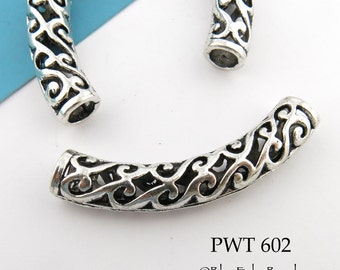 2 pcs - Large Curved Pewter Tube Bead with Scroll Pattern, Tube Bead, 52mm, Silver Tone, Large Hole, 6mm Hole (PWT 602) BlueEchoBeads