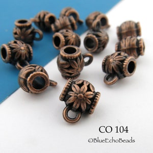 8 pcs - Charm Bail with Flower, Antique Copper Tone Slider  8mm (CO 104) BlueEchoBeads
